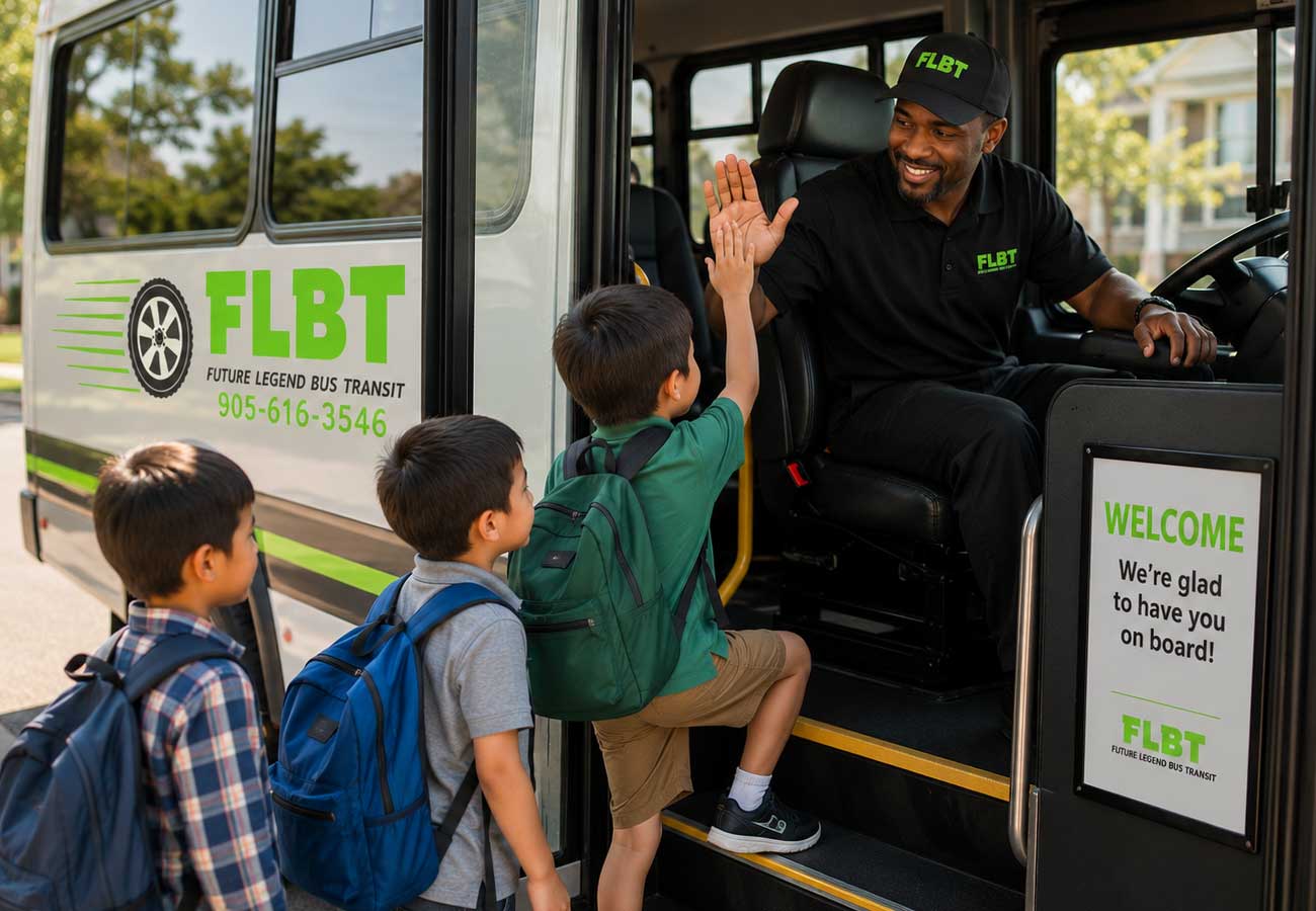 Kingdergarten student boarding the flbt bus to the school